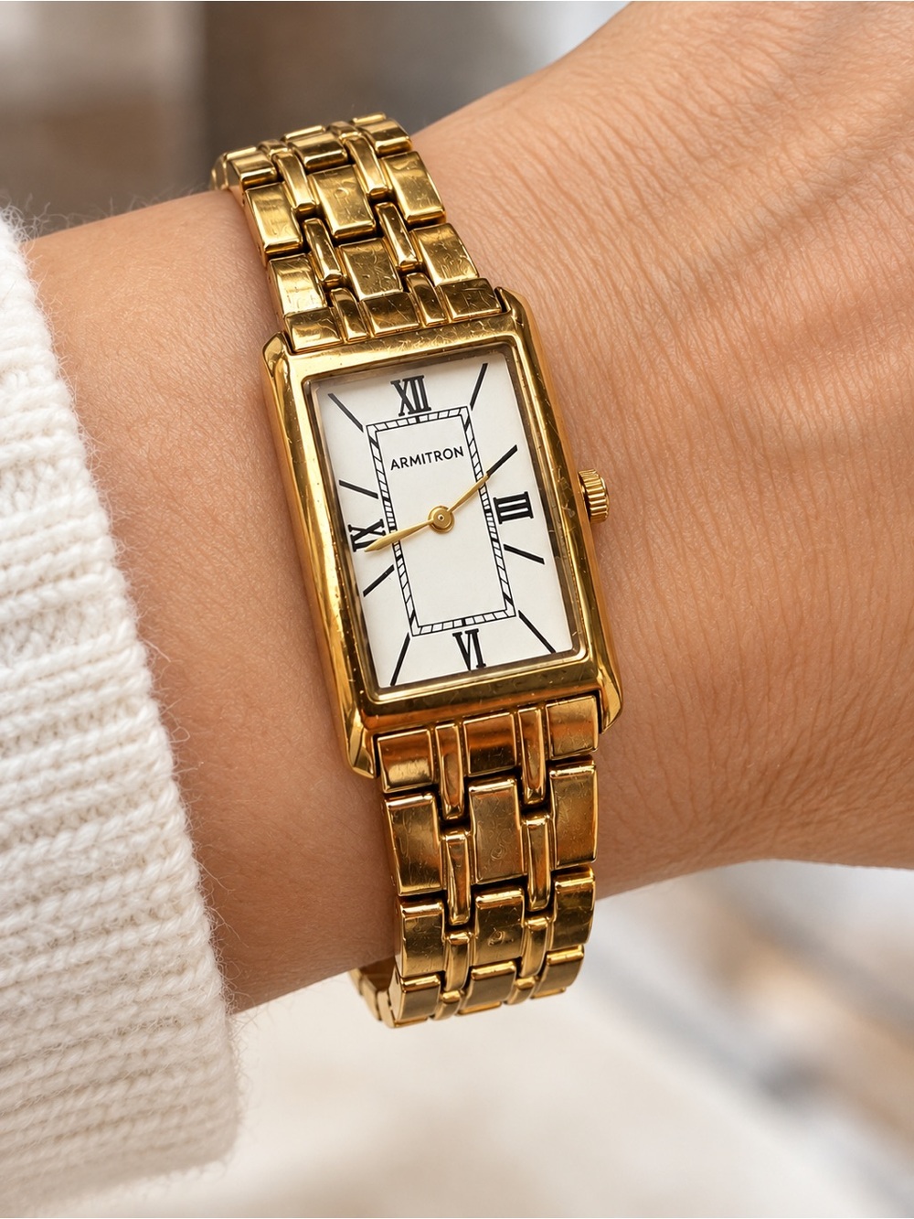Vintage Armitron Gold Tone Rectangle Watch Art Deco Roman Numeral